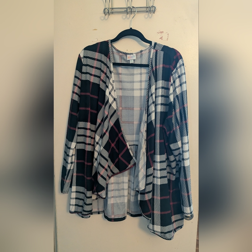 LuLaRoe Black and White Plaid Cardigan with Red Accents